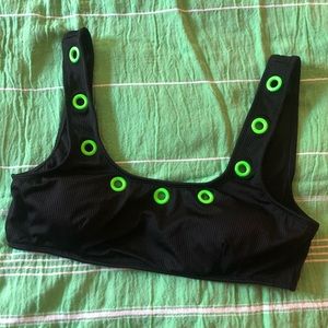 NWT, Neon Green Grommeted Black Bathing Suit Top, xl